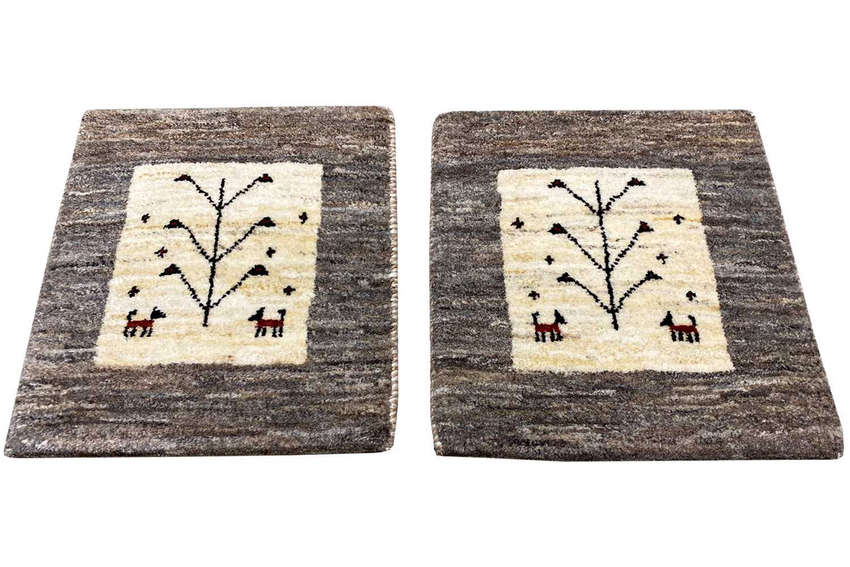 Square Gabbeh rug with beige square and black tree motif, gray pile
