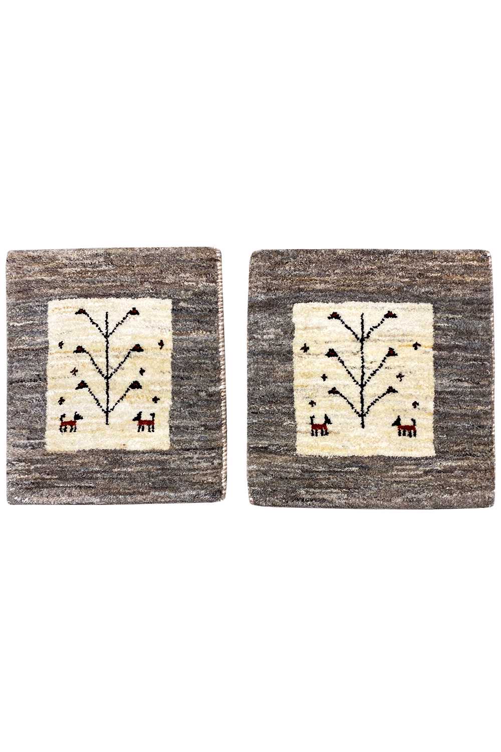 Square Gabbeh rug with a beige central panel and a black tree motif on a gray background