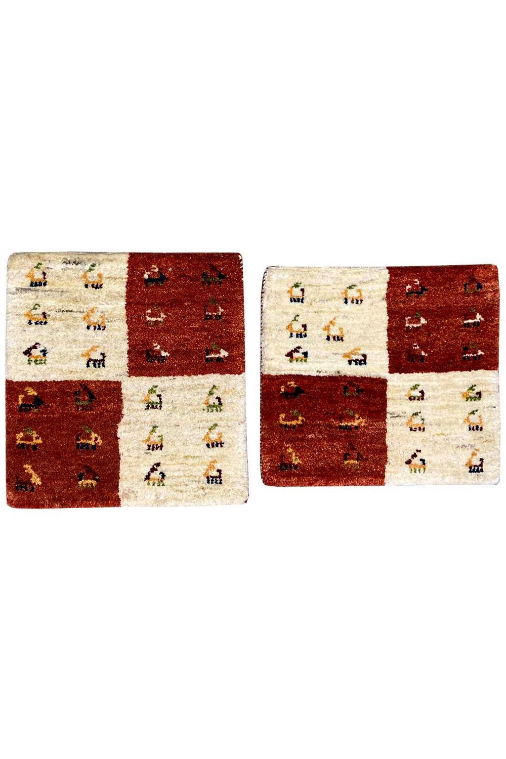 Rectangular Gabbeh rug, reddish brown and cream, with small figurative patterns