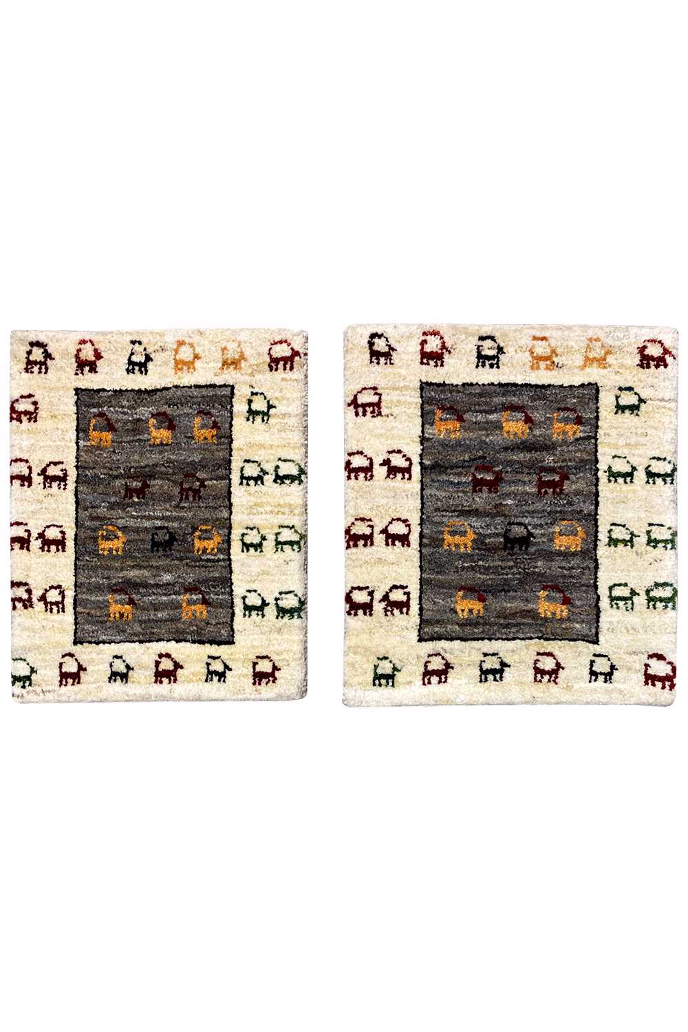 Small Gabbeh rug (43x37 cm), square, beige background with animal motifs
