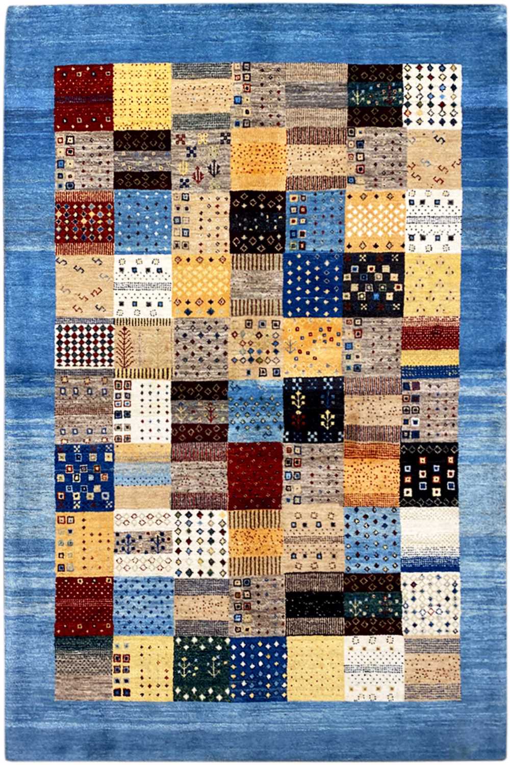 Geometric Gabbeh rug with a patchwork pattern in blue, yellow, red and beige, rectangular