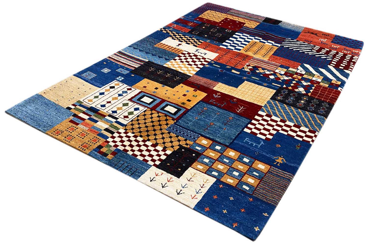 Gabbeh rug, flat-woven, geometric patchwork in blue, red, black, and beige
