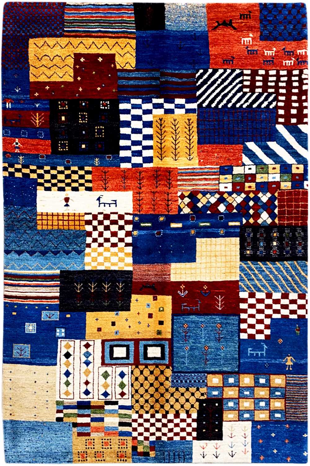 Gabbeh rug with a patchwork pattern in blue, red, yellow, and black, geometric