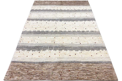 Gabbeh rug with wide horizontal stripes in gray, beige, and brown, rectangular