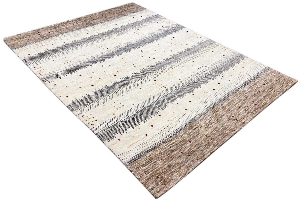 Gabbeh rug, diagonal view: light base with gray stripes and small dot accents