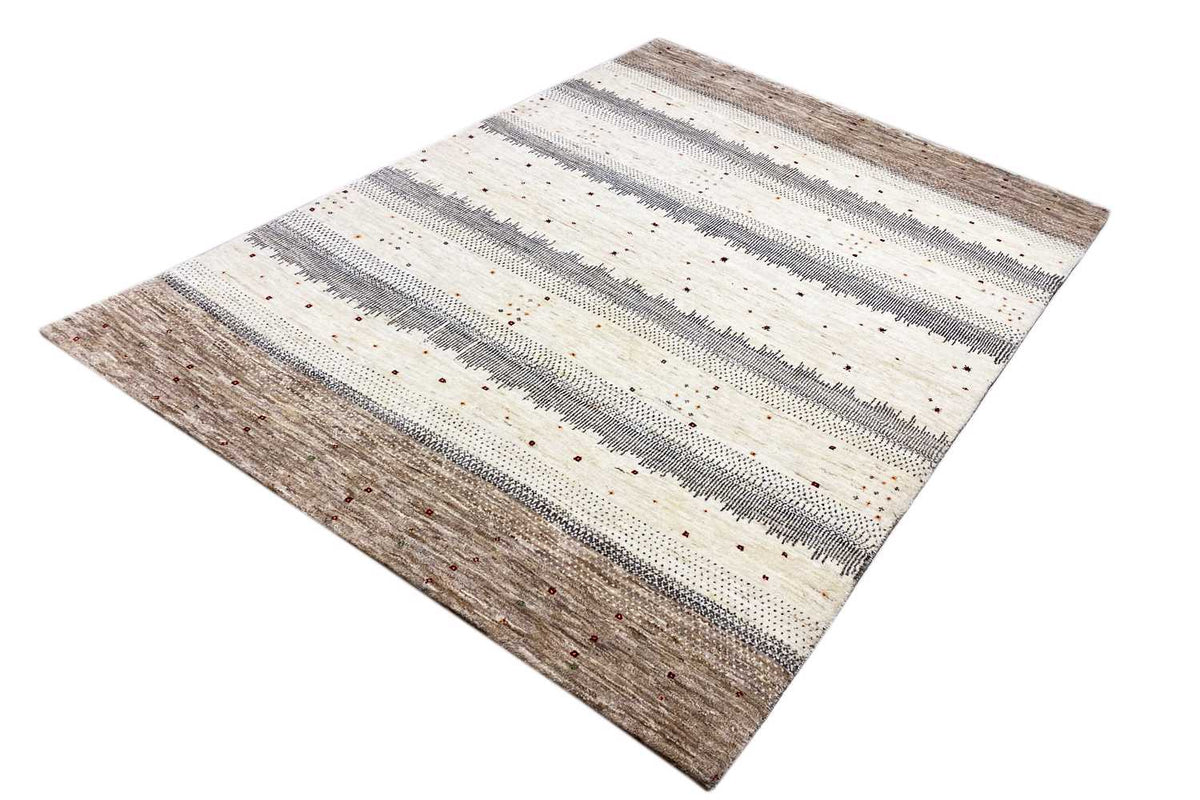 Gabbeh rug with horizontal stripes, light gray/white areas, and a brown border line