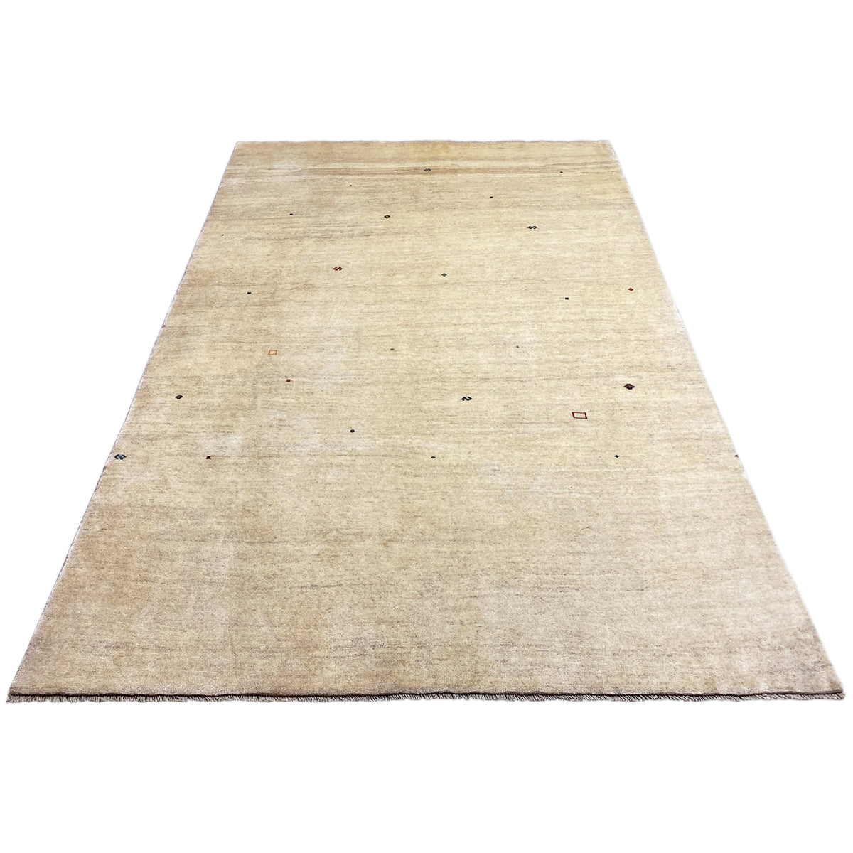 Beige Gabbeh rug with irregular colored dots, rectangular, flat-woven.