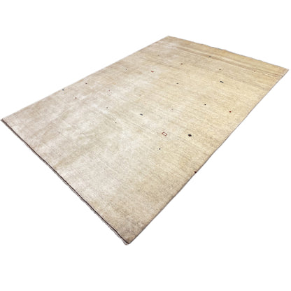 Beige Gabbeh rug with a fine texture and colorful dots, rectangular.