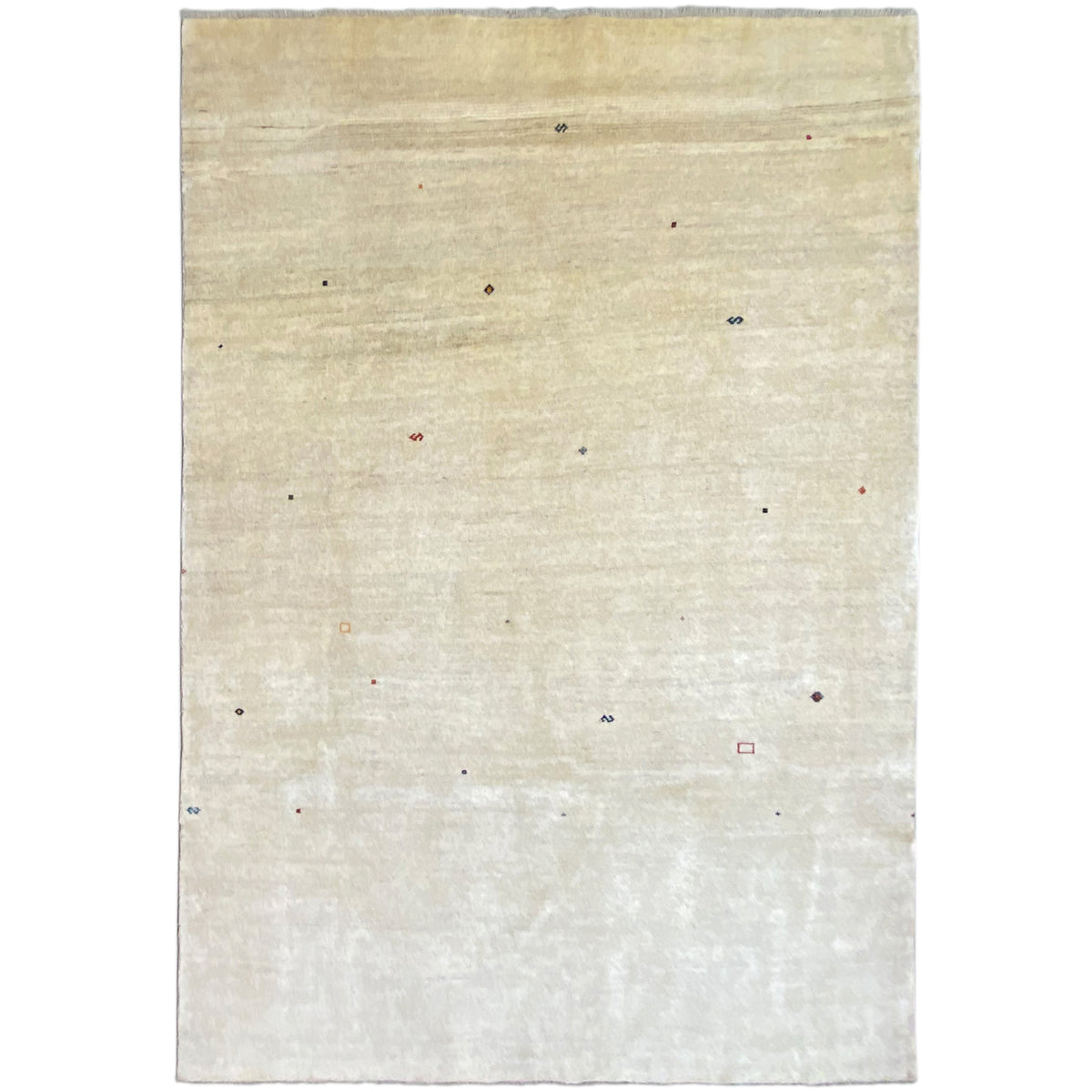 Beige Gabbeh rug with colorful dots, rectangular, neatly finished edges.