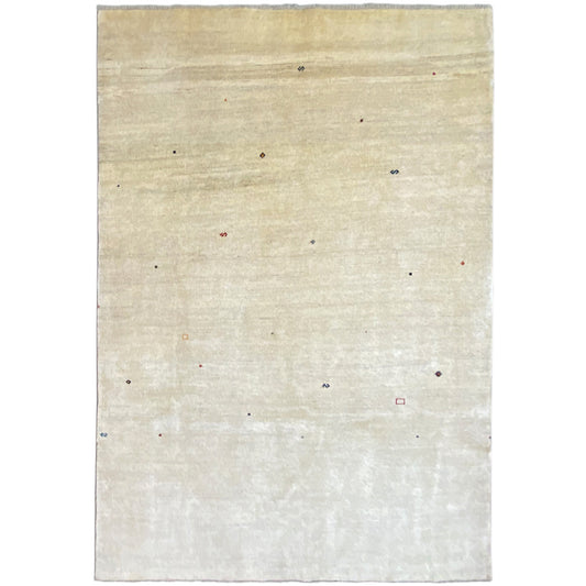 Beige Gabbeh rug with colorful dots, rectangular, neatly finished edges.