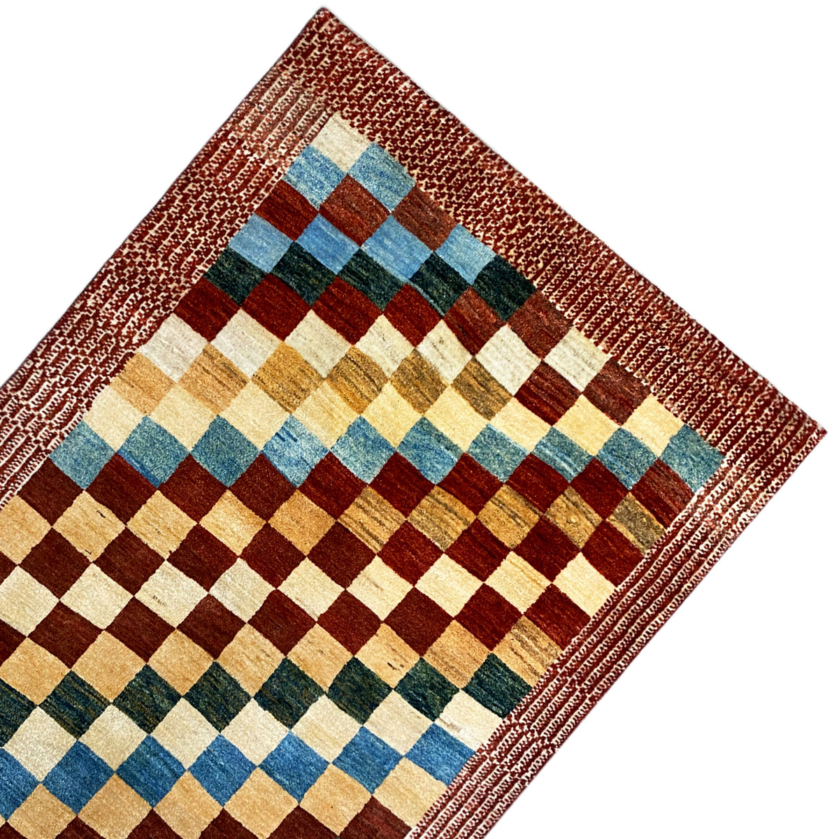 Gabbeh rug with a reddish-brown border and a checked pattern in blue, green, and yellow