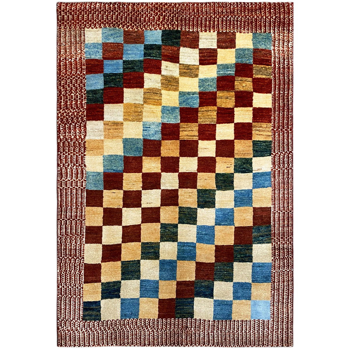 Gabbeh rug with a multicolored checkered pattern and reddish-brown woven border