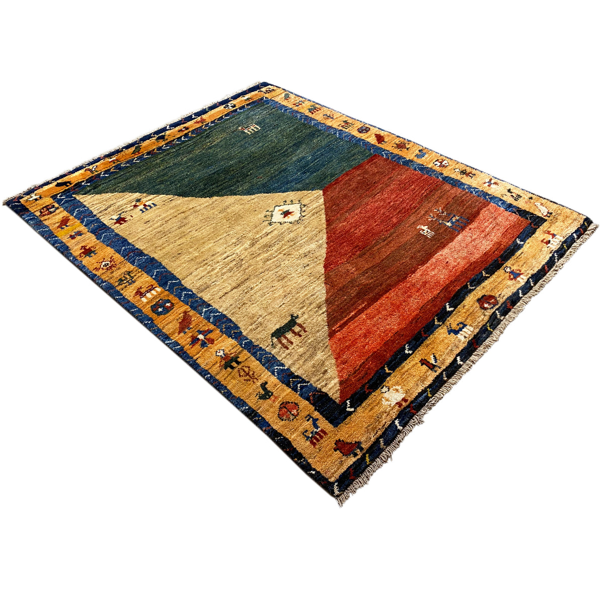 Gabbeh rug 175x142 cm with a patchwork pattern in blue, green, red, and light beige