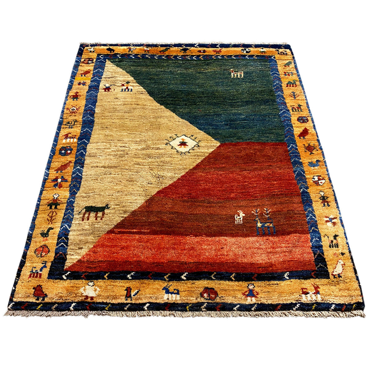 Gabbeh rug 175x142 cm with triangular areas in green, red, and light beige