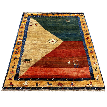 Gabbeh rug 175x142 cm with triangular areas in green, red, and light beige