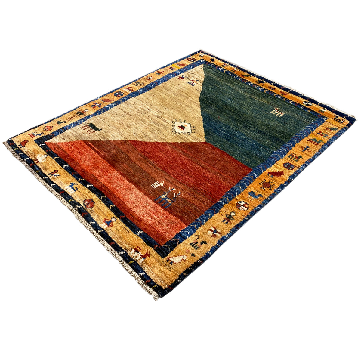 Gabbeh rug 175x142 cm, edged in blue, with abstract triangles in red and green