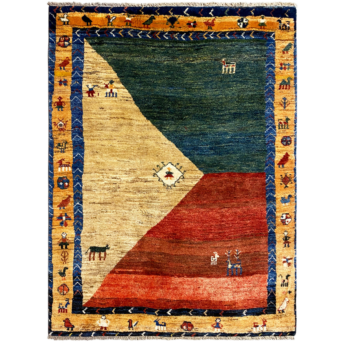 Gabbeh rug 175x142 cm with a geometric pattern in blue, red, and beige