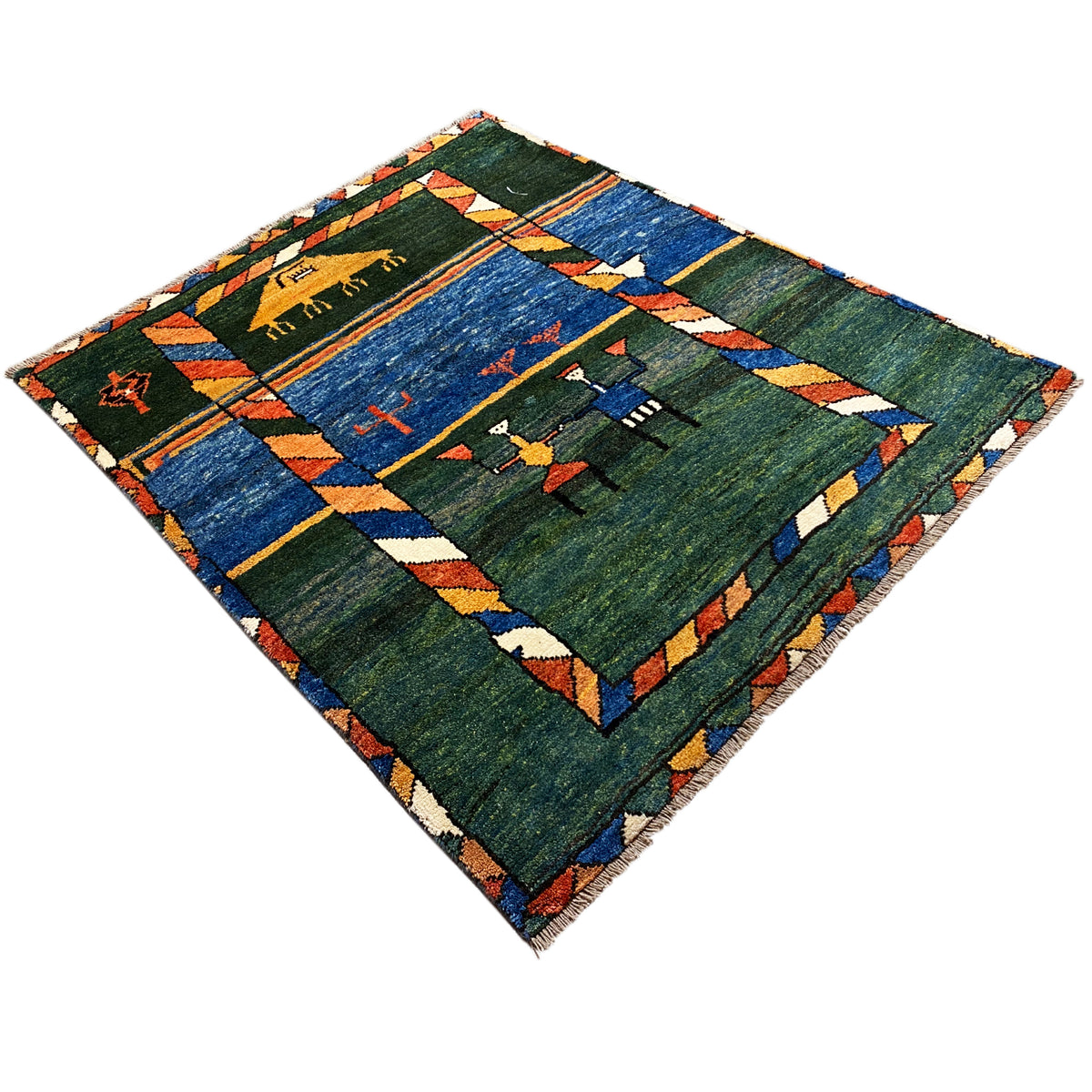 Gabbeh rug, diagonal view: blue-green fields with ornamental motifs