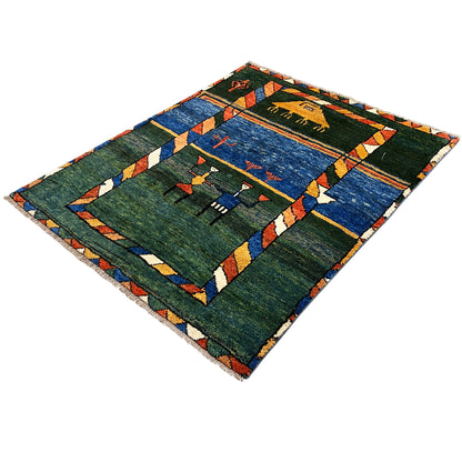 Gabbeh rug diagonal view with vibrant colors and a geometric border