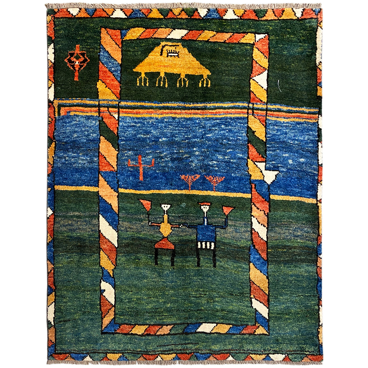 Gabbeh rug with a blue-green pattern, orange borders, and figurative motifs