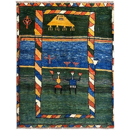 Gabbeh rug with a blue-green pattern, orange borders, and figurative motifs
