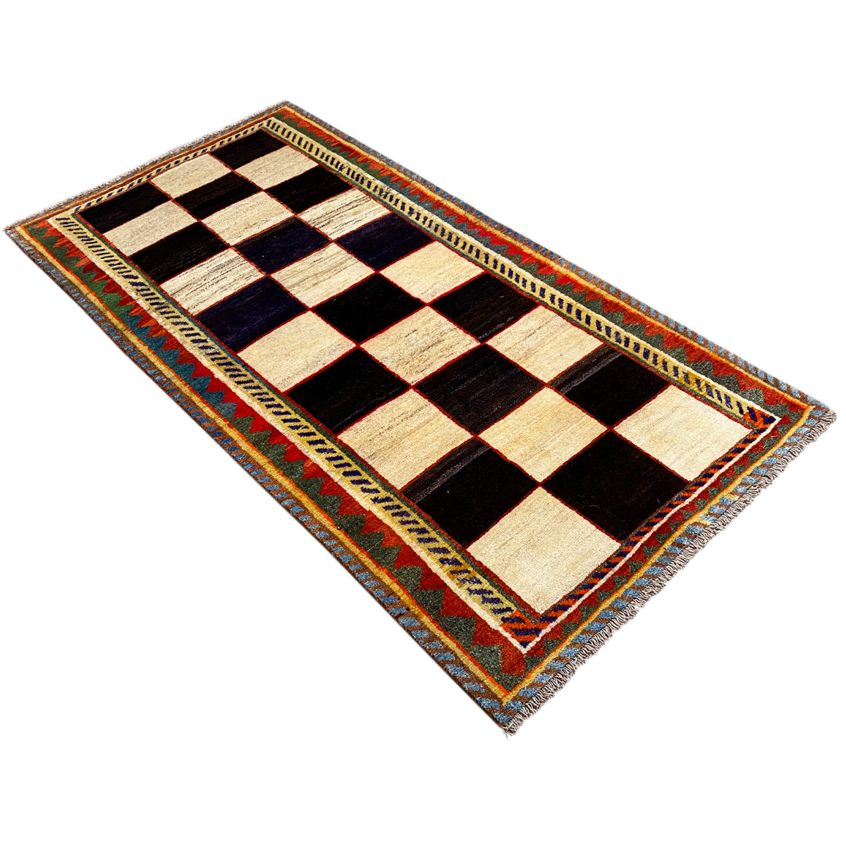 Gabbeh rug oriented diagonally, square check pattern in cream, black, and dark blue