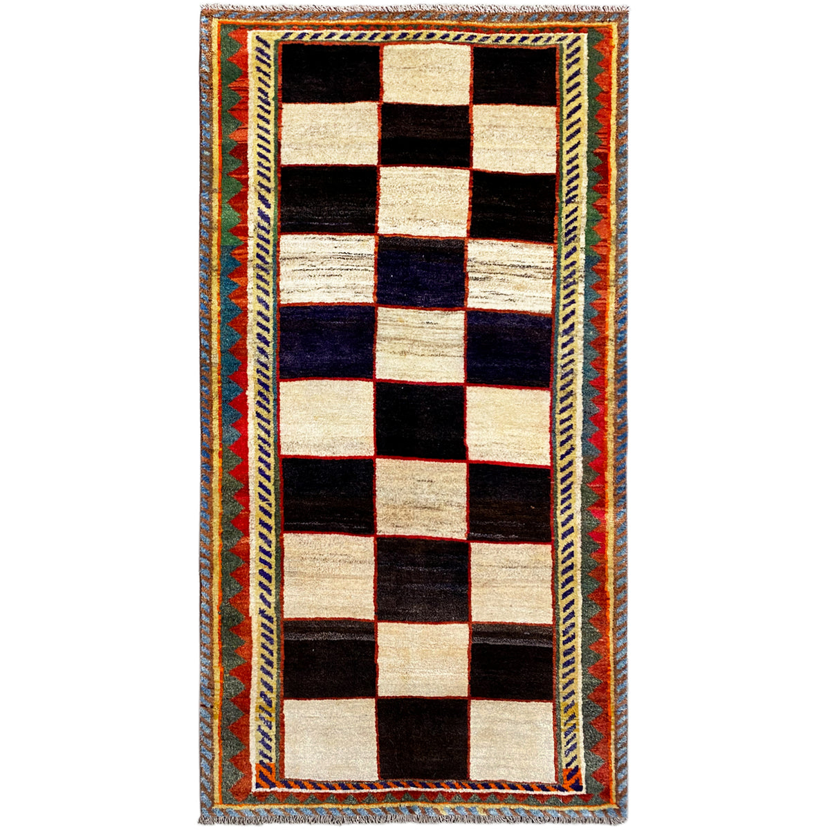 Gabbeh rug with a rectangular checkered pattern in cream, black, and dark blue