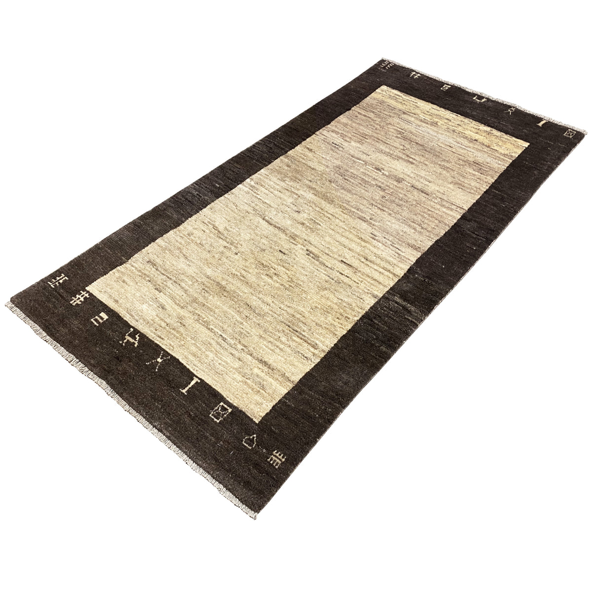 Rectangular rug with a beige central field and dark border, edge decorations