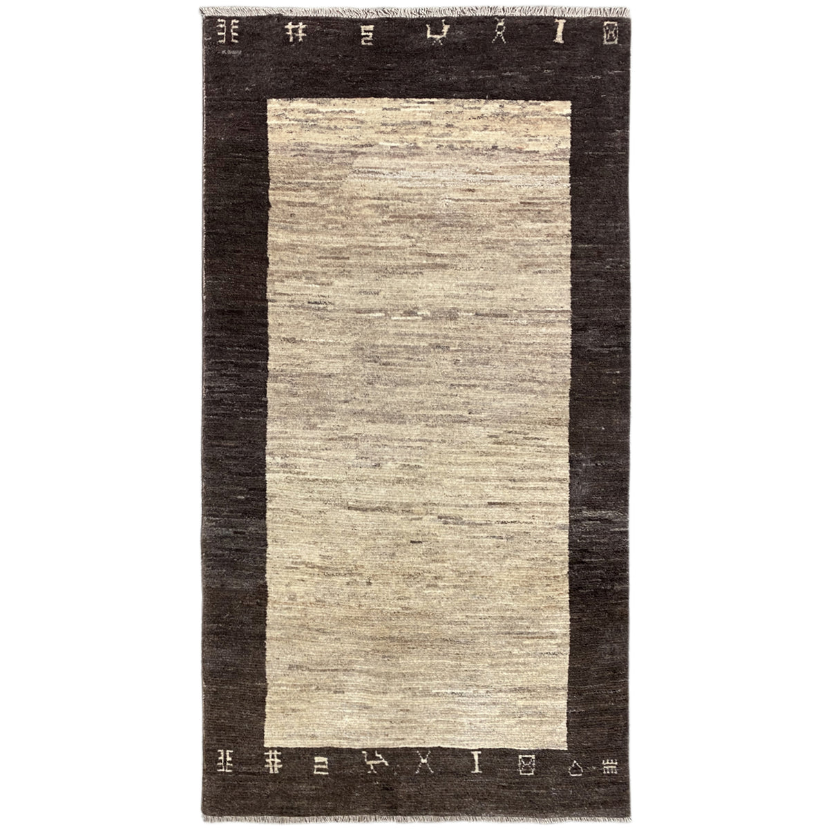 Gabbeh rug, beige central area with a dark border, rectangular