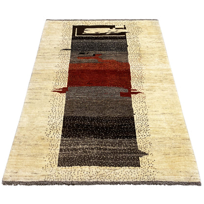 Gabbeh rug 166×115 cm, beige border with a geometric stripe pattern