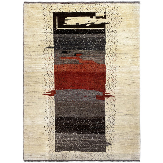 Gabbeh rug 166×115 cm, beige striped pattern with black and red