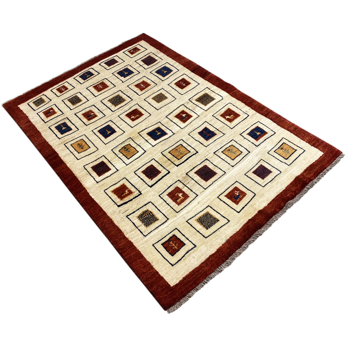 Gabbeh rug with a diamond and square pattern, cream-colored field, and reddish-brown border