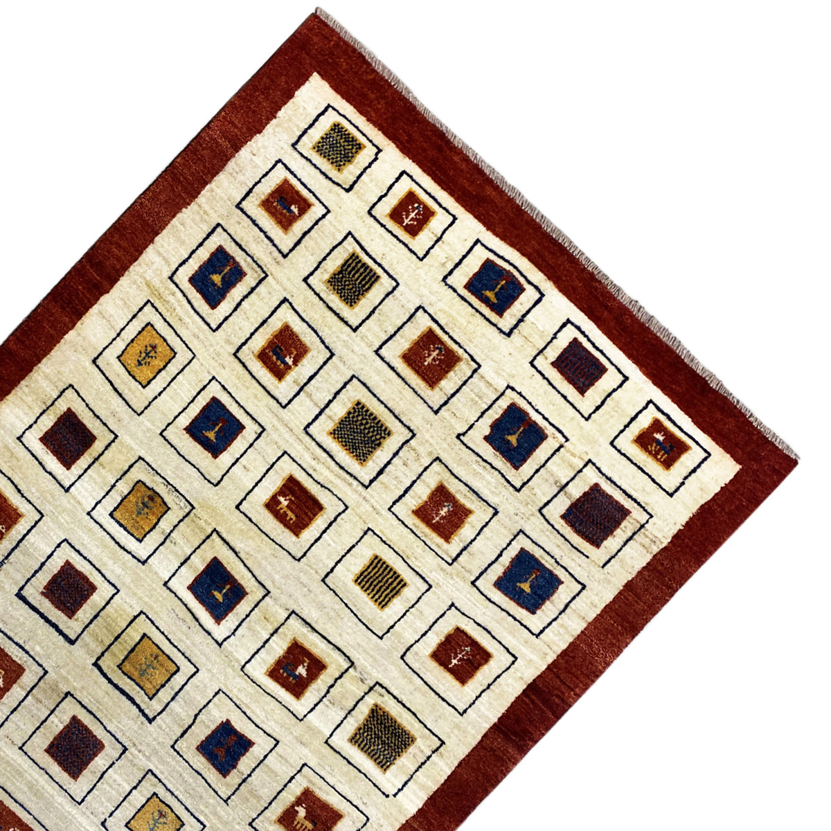 Rug with a geometric square pattern on a cream-colored background and a reddish-brown border