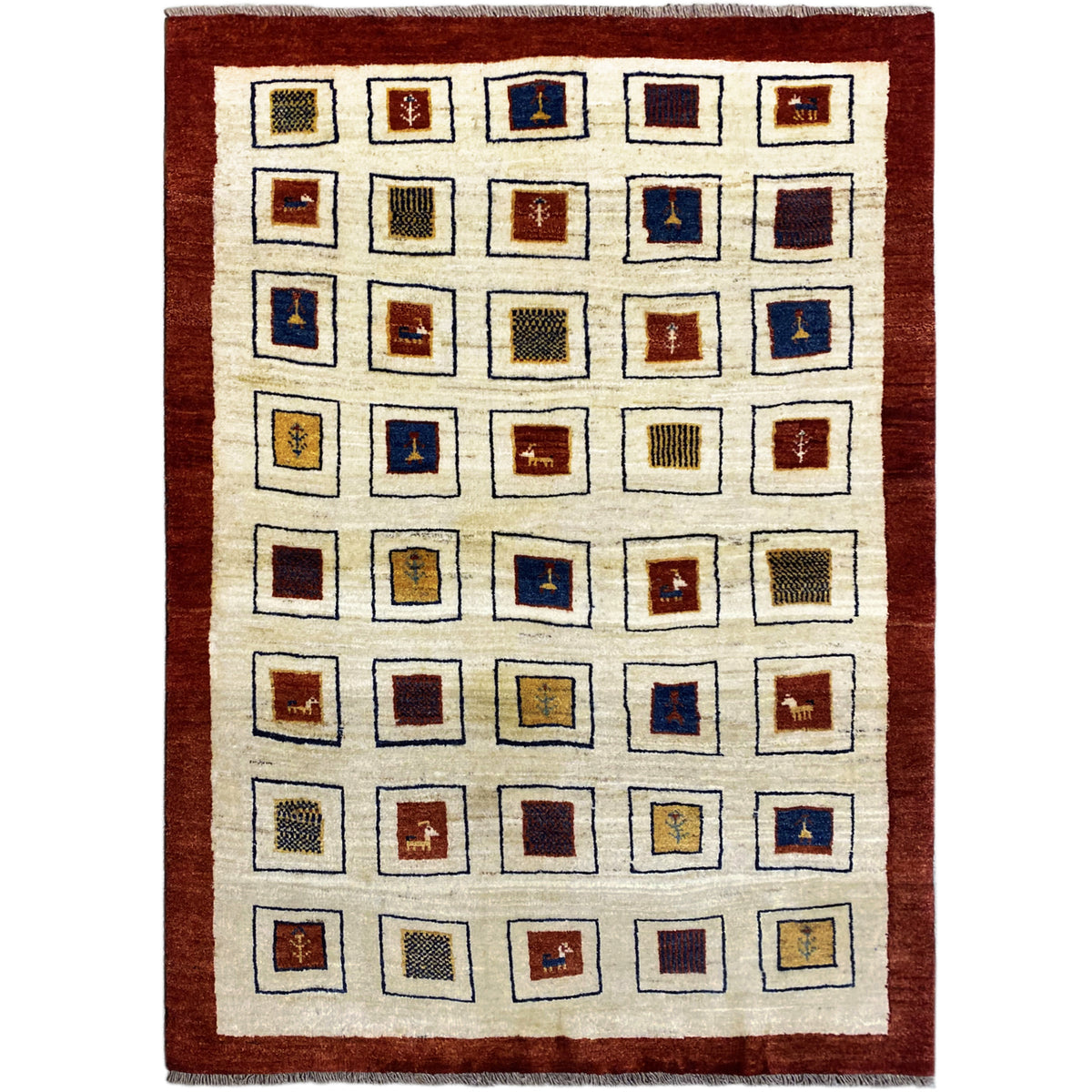 Gabbeh rug with a geometric square pattern, cream-colored background and reddish-brown border, without fringe