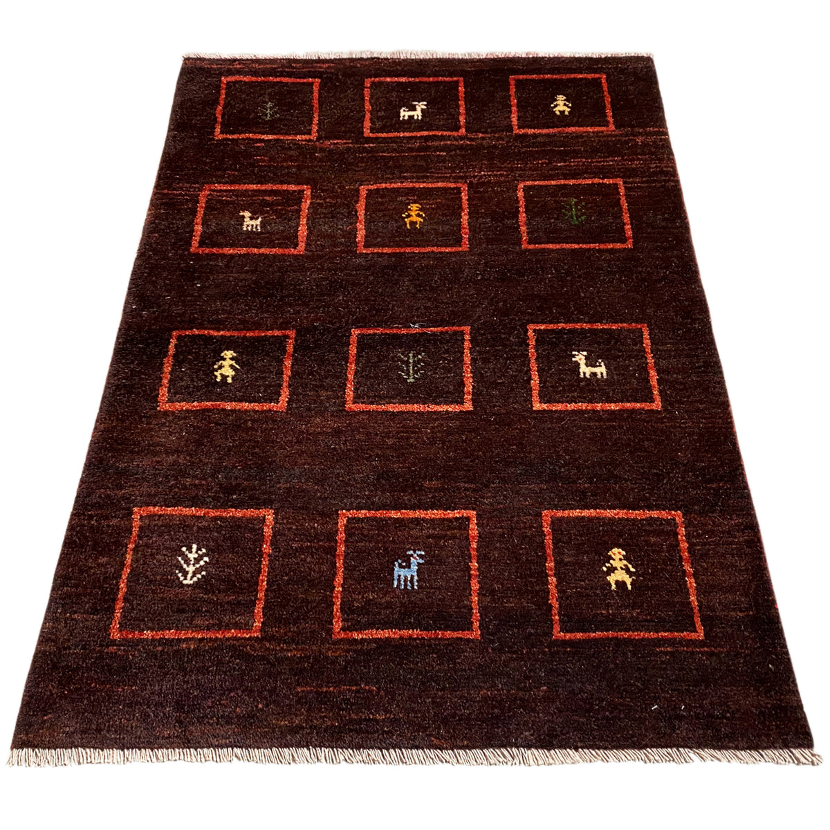 Brown Gabbeh rug with a red square pattern and woven-in symbols, 147x99 cm