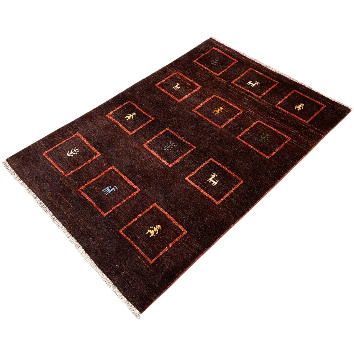 Brown Gabbeh rug with red framed squares and small woven-in symbols, 147x99 cm