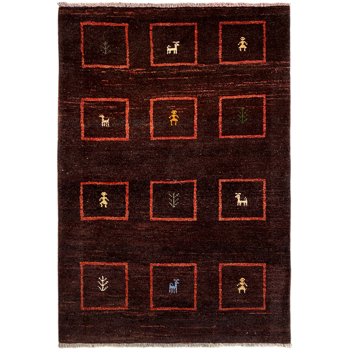 Brown Gabbeh rug with red square patterns and small symbols/animal motifs, 147x99 cm