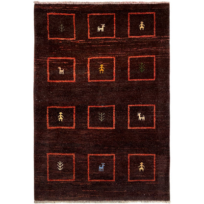 Brown Gabbeh rug with red square patterns and small symbols/animal motifs, 147x99 cm
