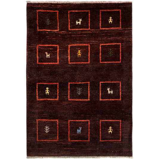 Brown Gabbeh rug with red square patterns and small symbols/animal motifs, 147x99 cm