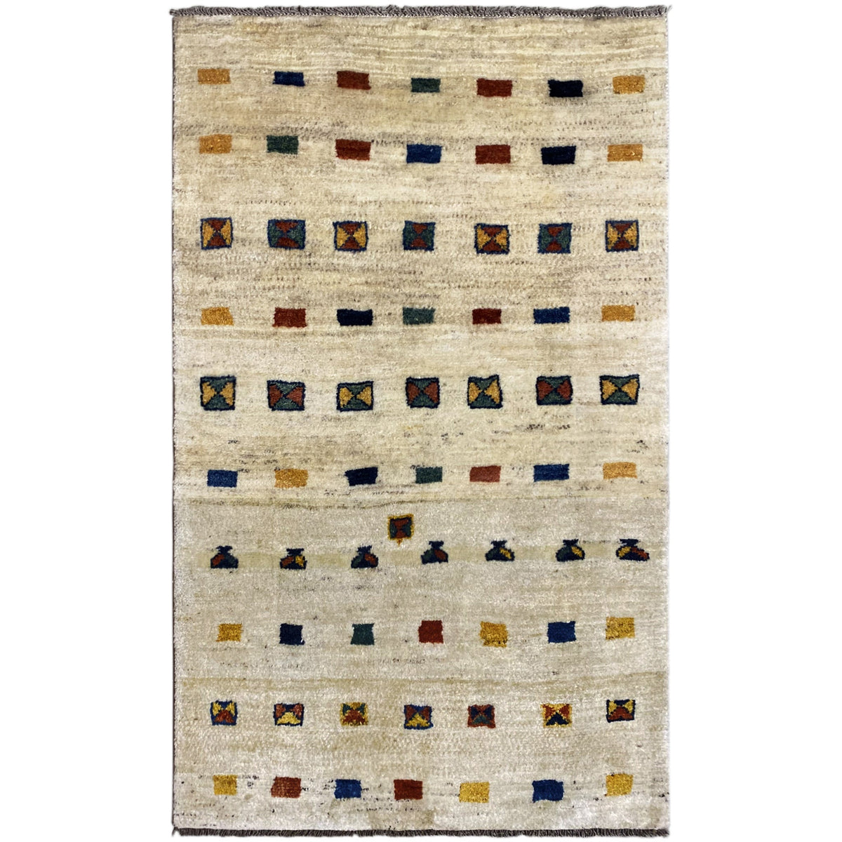Gabbeh rug with a beige background and geometric quadrilateral patterns in blue, red, and ochre
