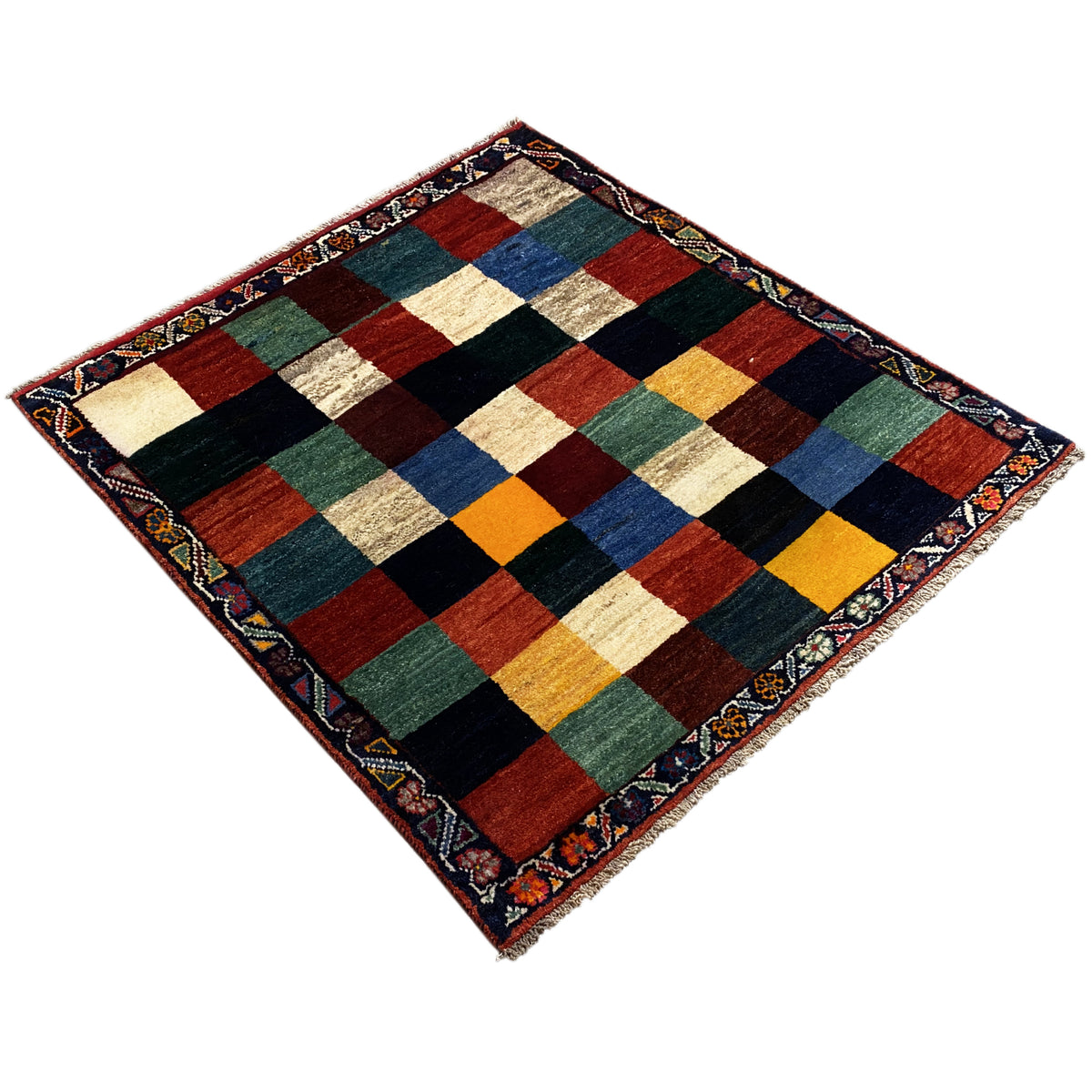 Gabbeh rug 127x114 cm, twisted, multicolored checkered pattern with a detailed border