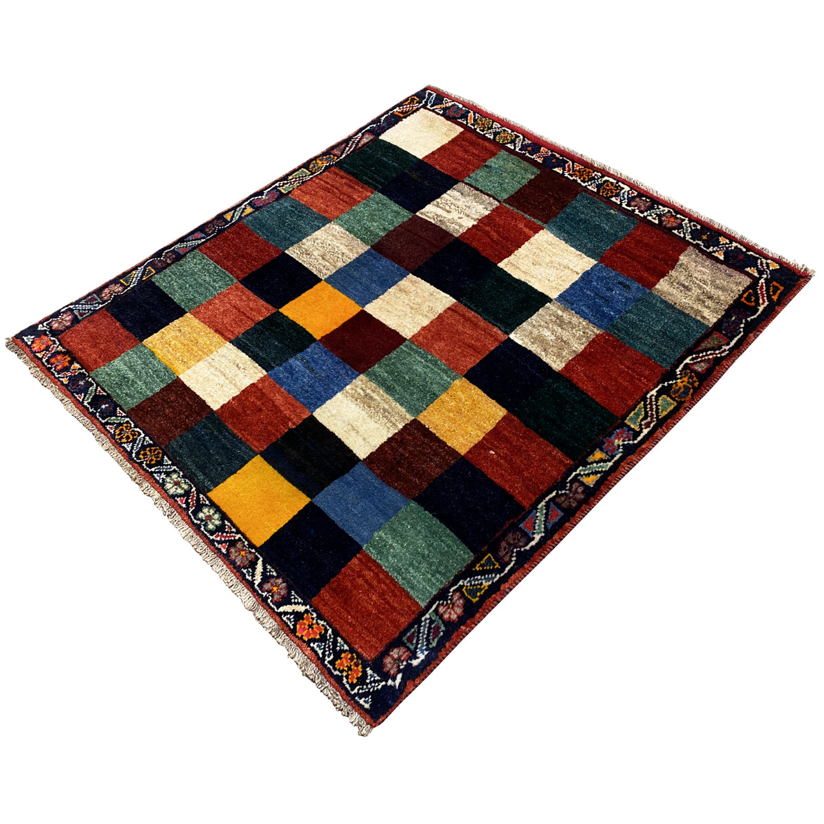Gabbeh rug 127x114 cm, laid diagonally, checks in red, blue, green, and cream