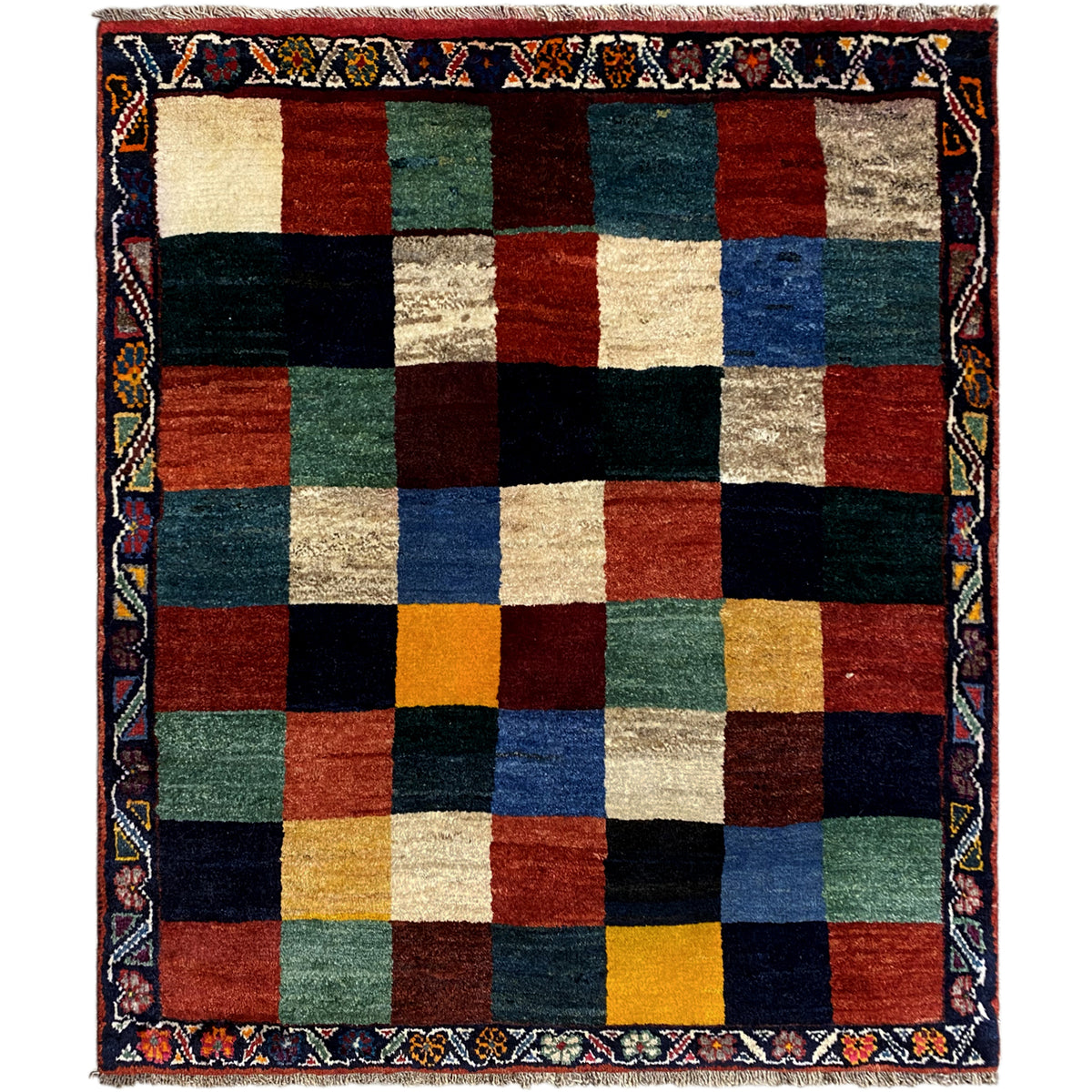 Gabbeh rug, 127x114 cm, checked pattern in red, blue, green, and beige