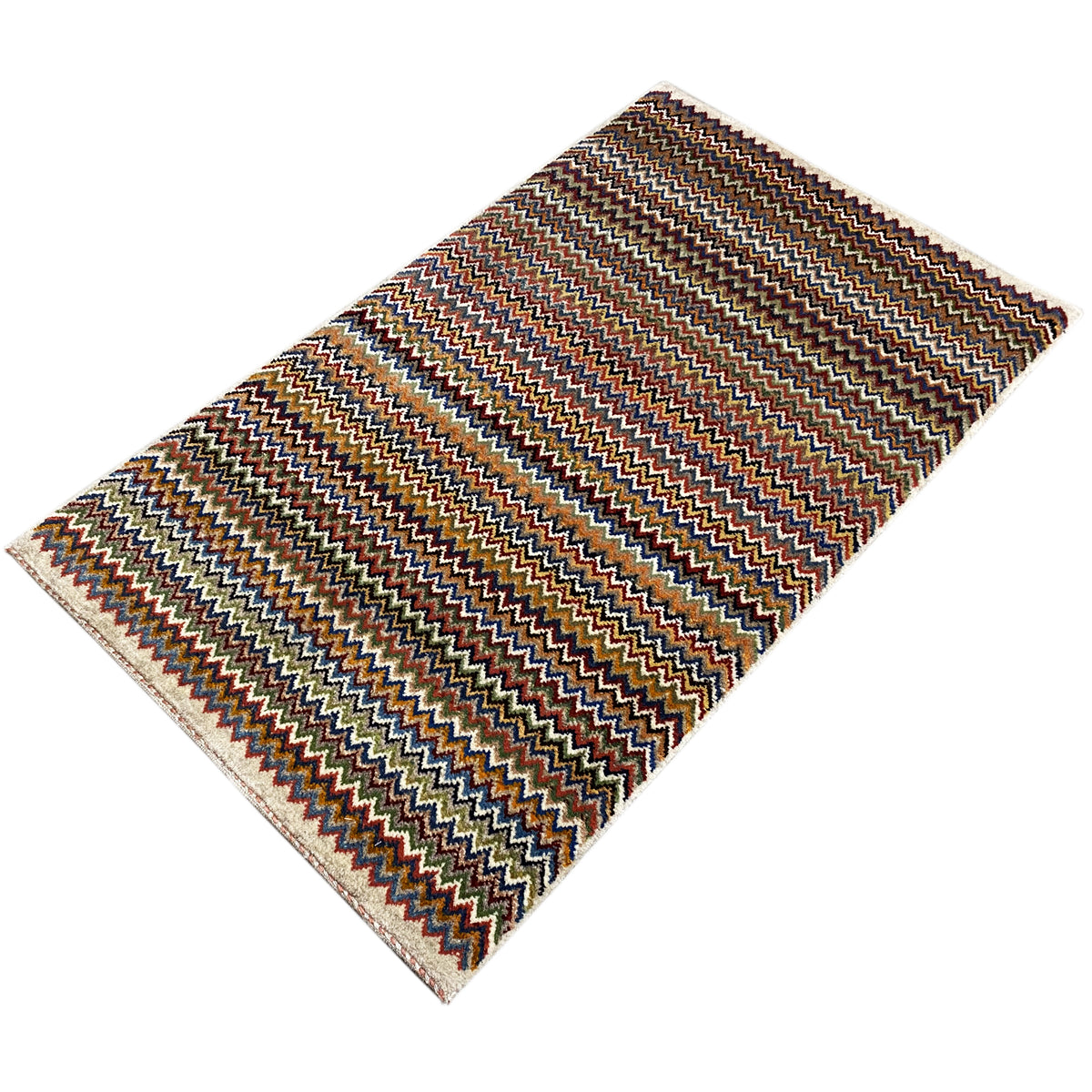 Gabbeh rug 130x75 cm with a zigzag pattern in brown, blue, and beige, finished edges.