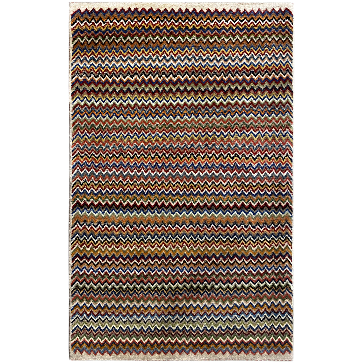 Gabbeh rug 130x75 cm with a zigzag pattern in shades of red, blue, and beige, hemmed.