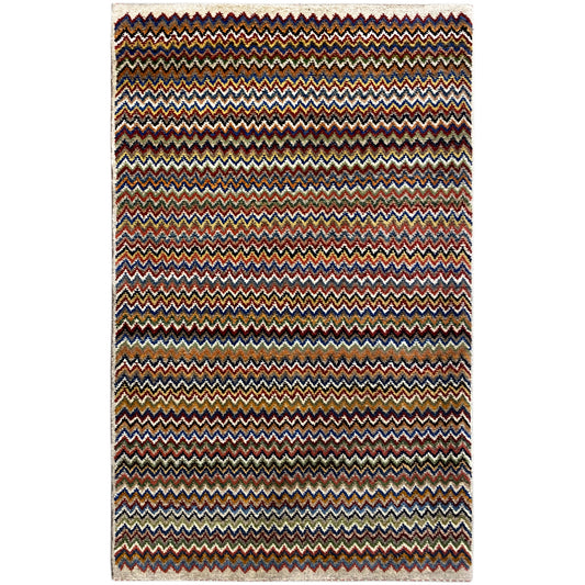 Gabbeh rug 130x75 cm with a zigzag pattern in shades of red, blue, and beige, hemmed.