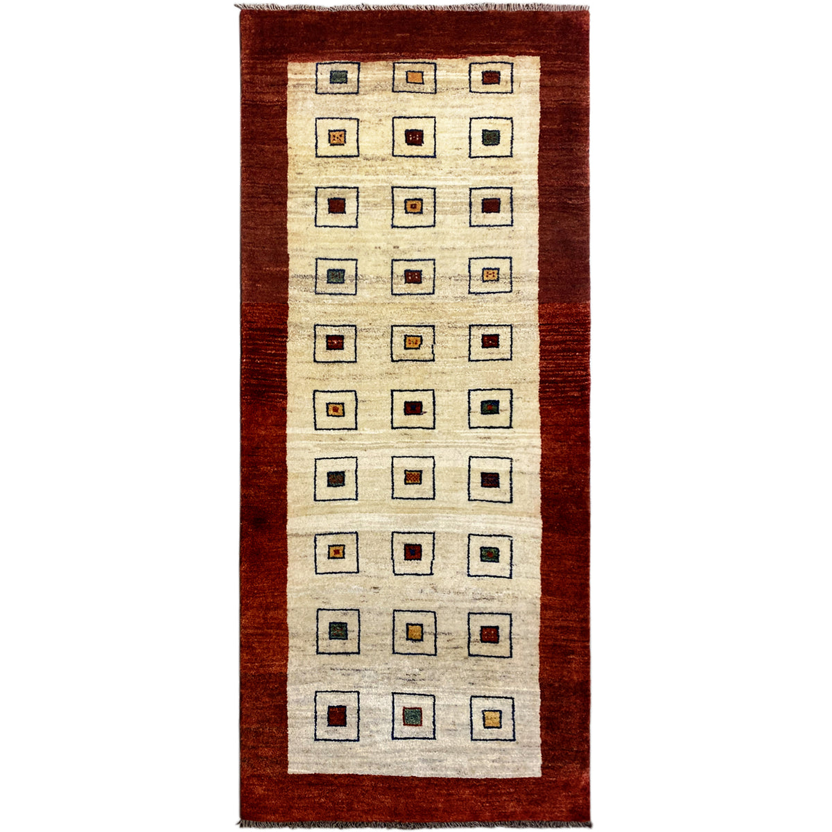 Runner rug with a cream-colored field and brown border, featuring a square pattern