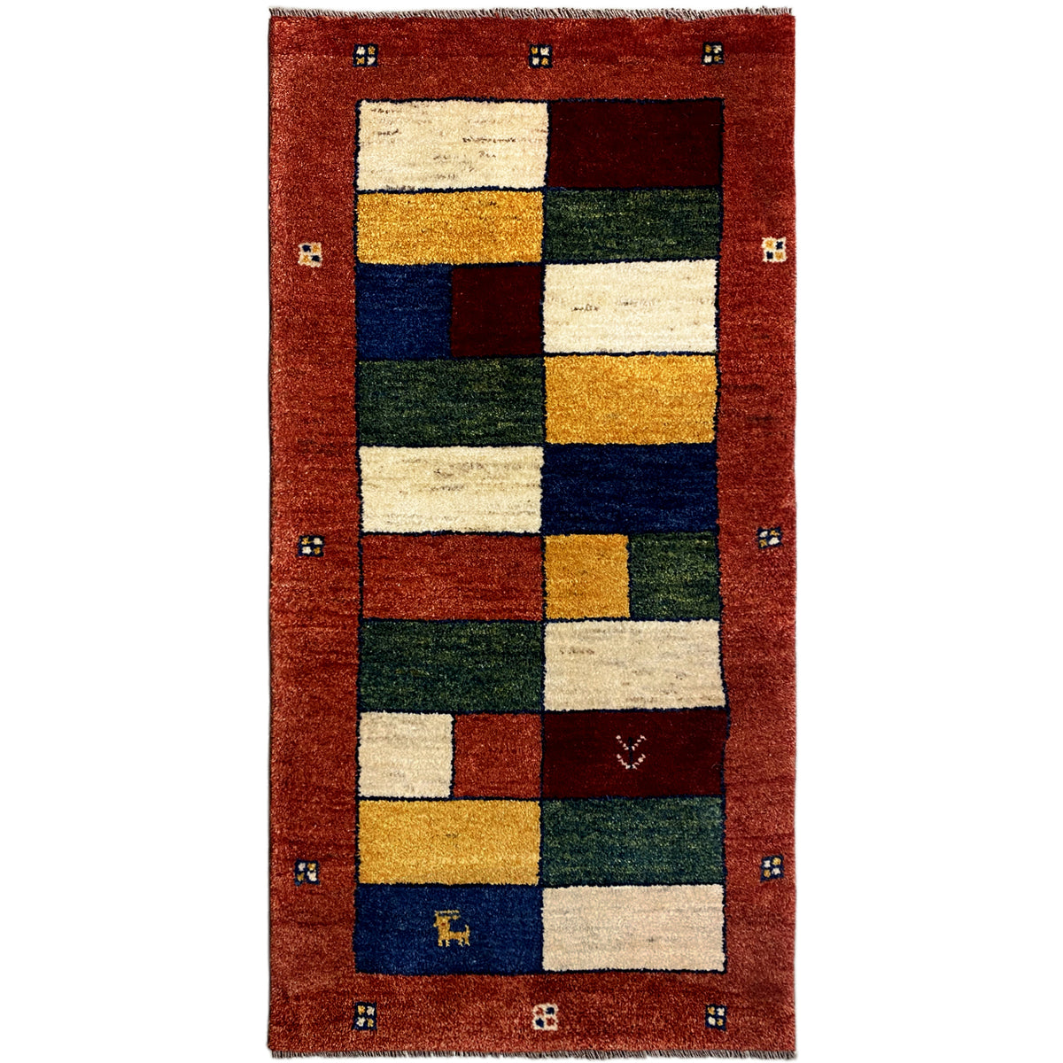 Gabbeh runner with a patchwork pattern in red, cream, blue, green, and gold
