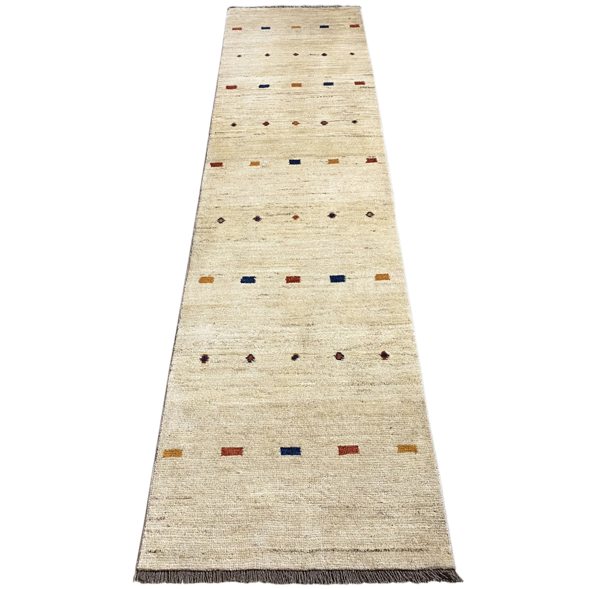 Light beige Gabbeh runner with abstract dots and squares in blue, red, and yellow