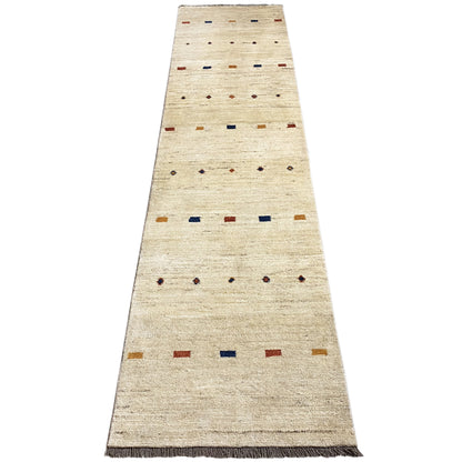 Light beige Gabbeh runner with abstract dots and squares in blue, red, and yellow